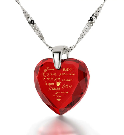 Silver Heart Necklace I Love You in 12 Languages 24k Gold Inscribed Cubic Zirconia