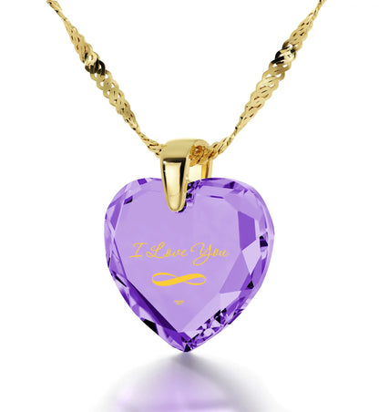 Gold Plated Silver Infinity I Love You Necklace Heart Pendant 24k Gold Inscribed Cubic Zirconia