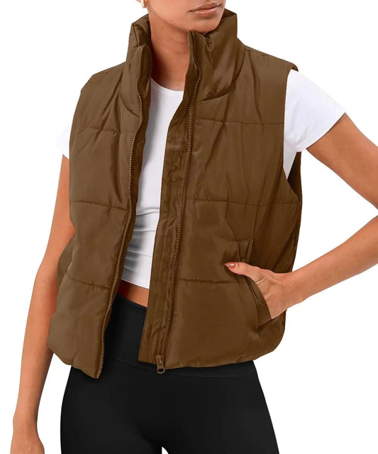 Blansdi Puffer Vest Women Sleeveless Winter Cropped Outerwear Warm Jacket Lightweight Fall Coat with Pockets Brown S