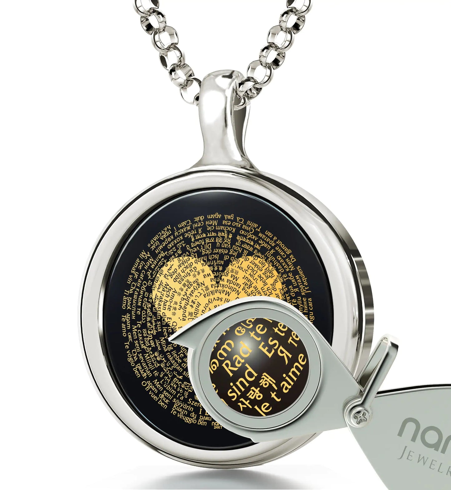 I Love You Necklace in 120 Languages 24k Gold Inscribed on Round Onyx