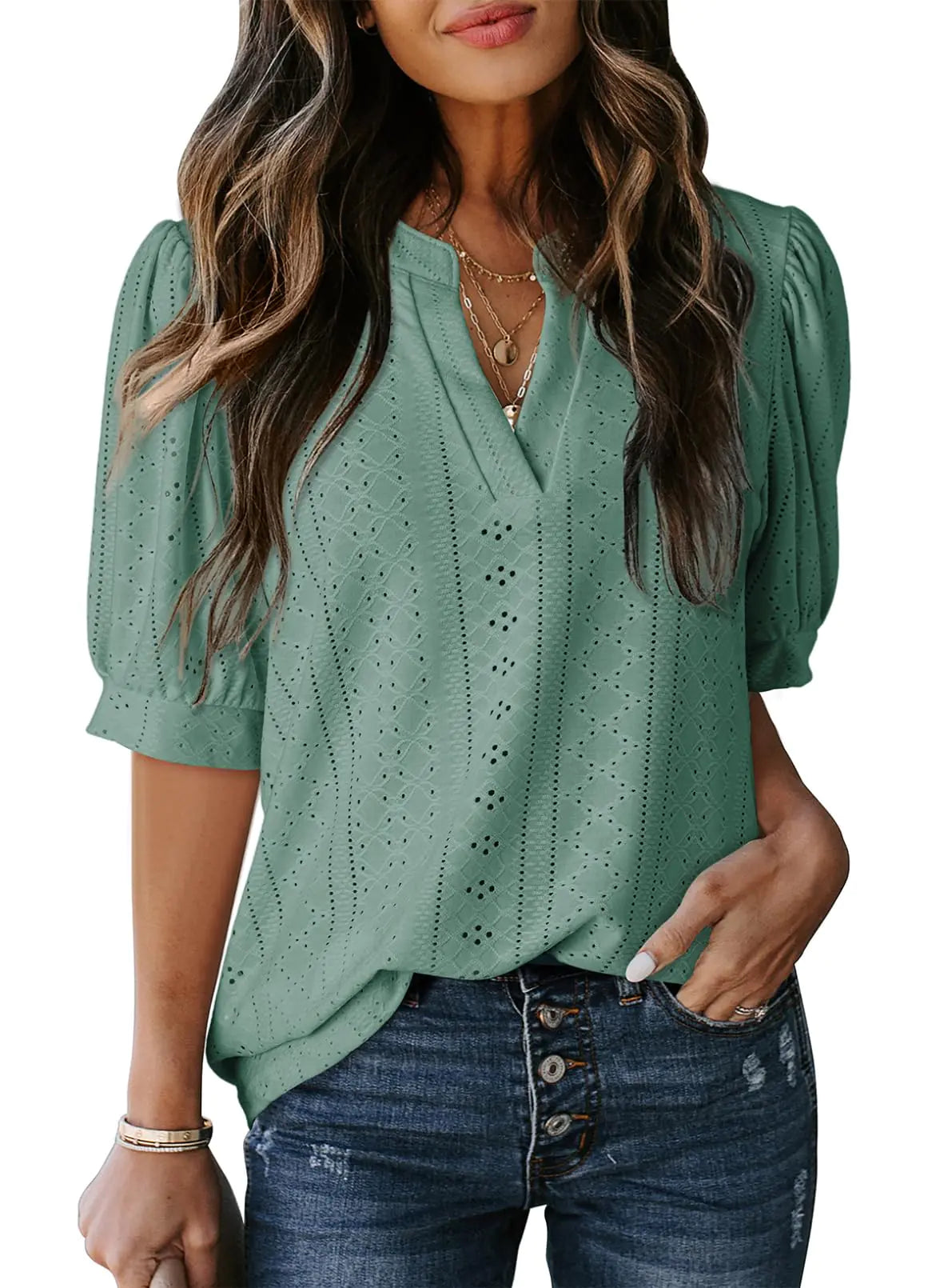 Dokotoo Summer Outfits Tops for Women Trendy 2025 Business Casual Blouses V Neck Puff Short Sleeve Shirts Hollow Out Lace Tops Solid Color Blouse Cruise Outfits for Women Clothes Mist Green 2XL
