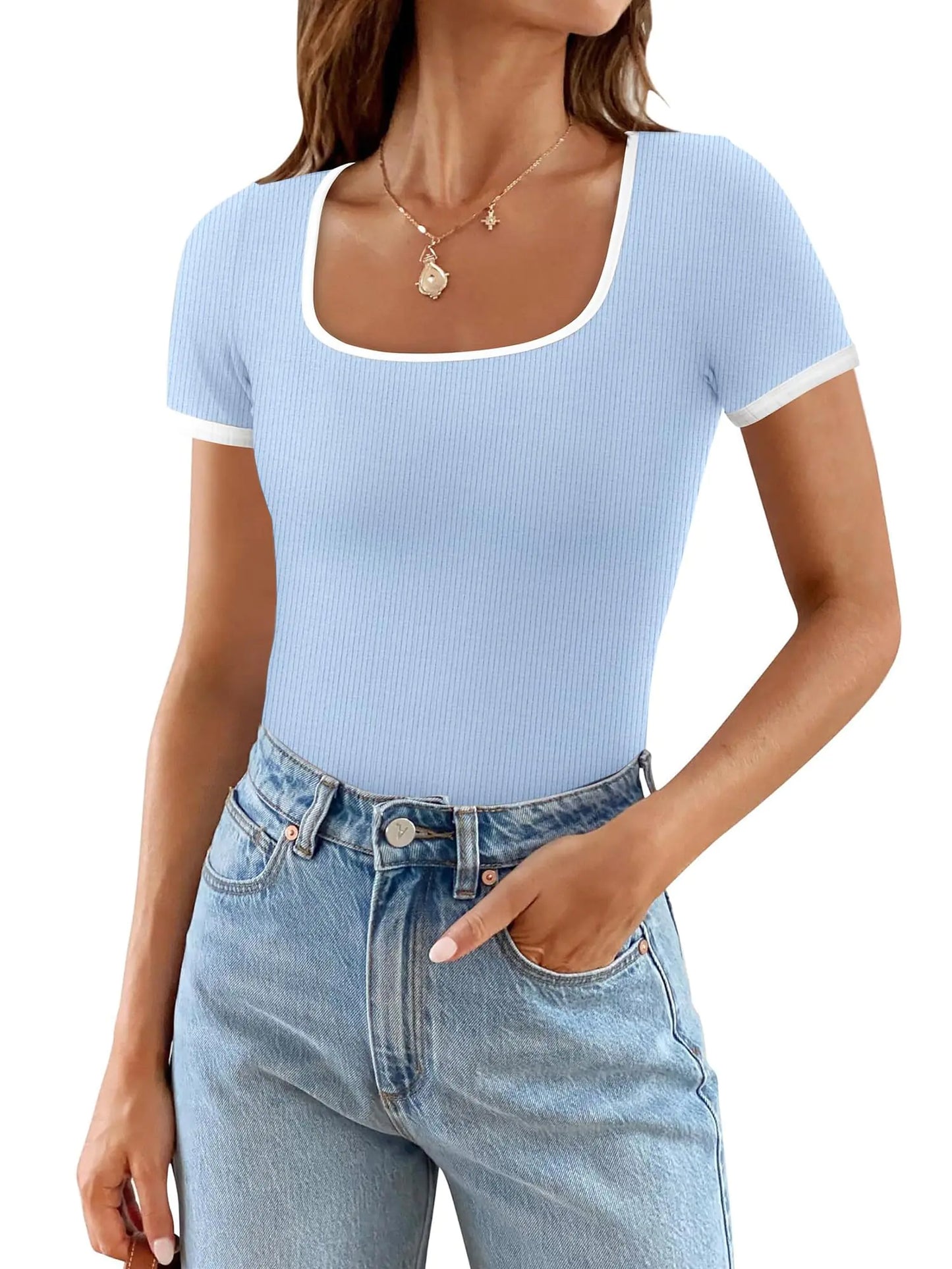 Bellcoco Womens Short Sleeve Square Neck T Shirt Blue 2024 Ribbed Color Block Slim Fit Summer Basic Tee Tops