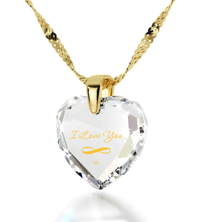 Gold Plated Silver Infinity I Love You Necklace Heart Pendant 24k Gold Inscribed Cubic Zirconia