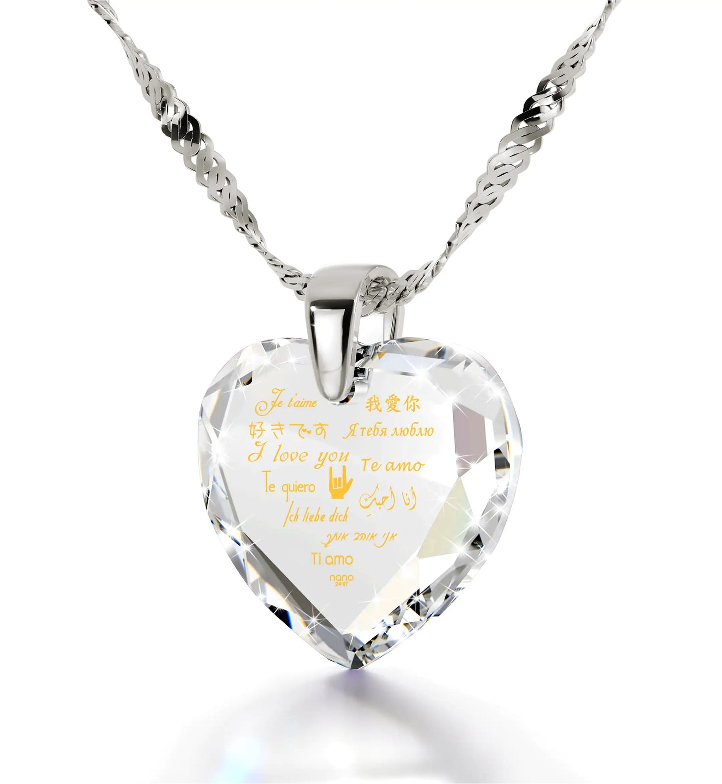 Silver Heart Necklace I Love You in 12 Languages 24k Gold Inscribed Cubic Zirconia