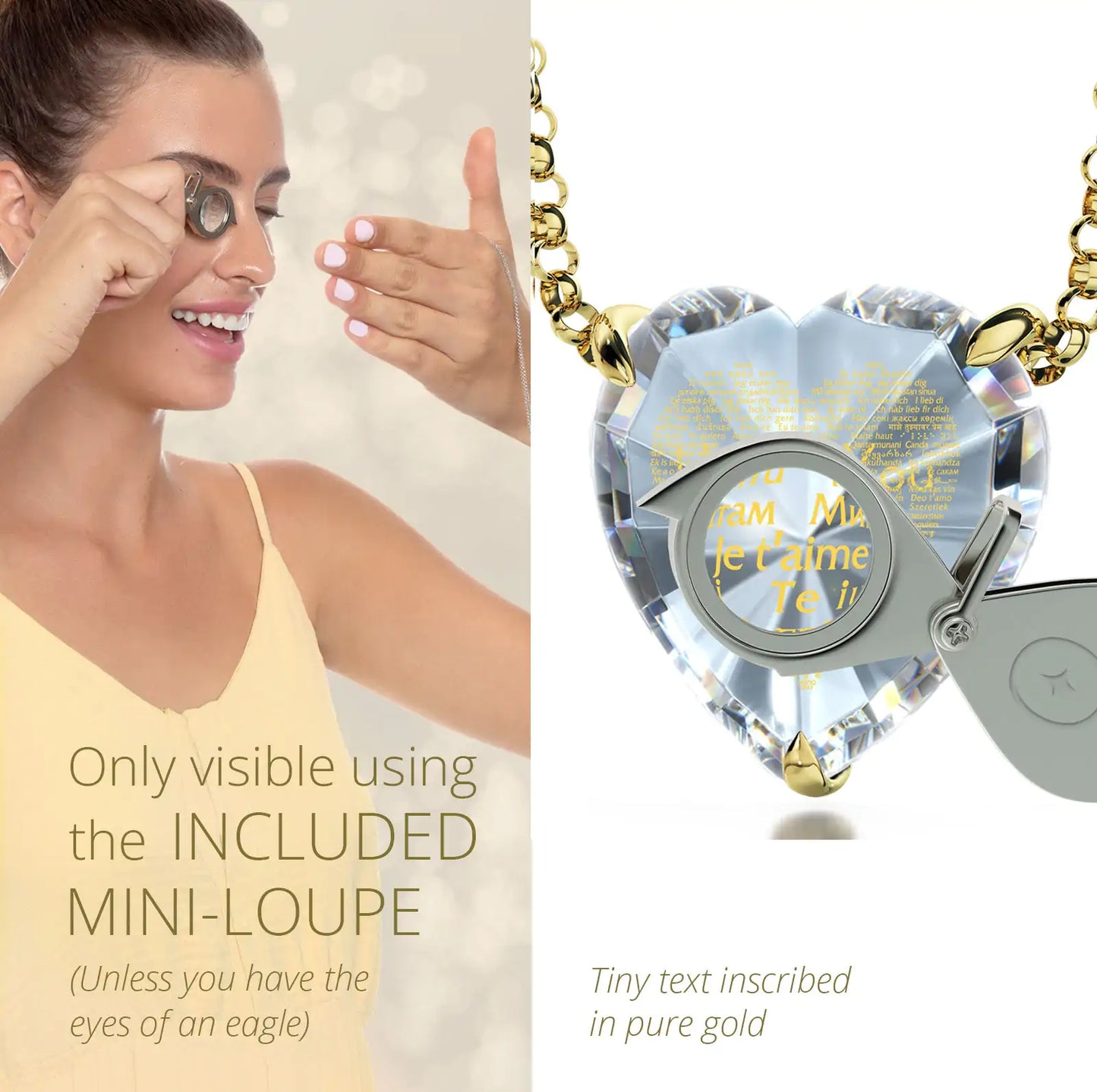 Gold Plated Silver Heart Jewelry Set 120 Languages I Love You Necklace and Crystal Earrings