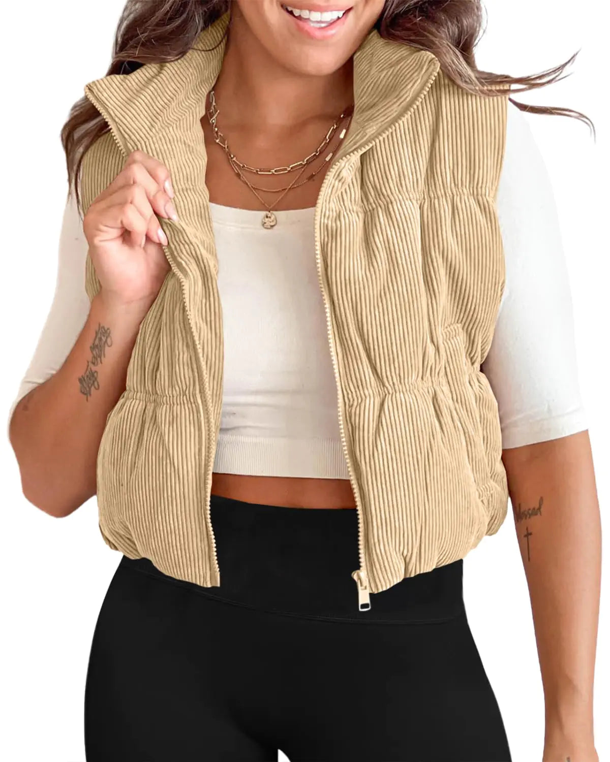 Tankaneo Womens Cropped Puffer Vest Corduroy Lightweight Sleeveless Padded Coat Zip Up Warm Outerwear