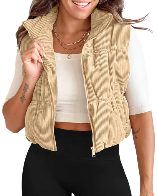 Tankaneo Womens Cropped Puffer Vest Corduroy Lightweight Sleeveless Padded Coat Zip Up Warm Outerwear