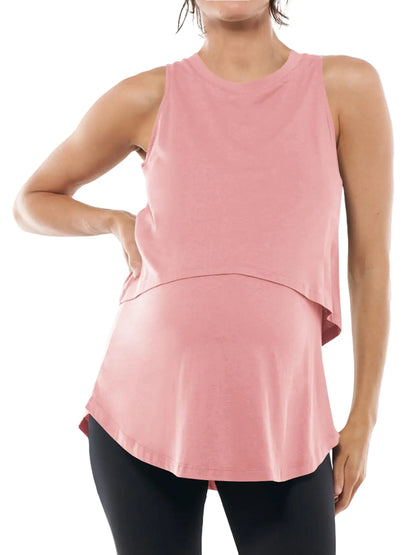Tankaneo Womens Summer Maternity Nursing Tank Tops Sleeveless Double Layer Breastfeeding Shirt Pregnancy Clothes Pink