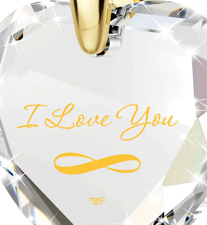 Gold Plated Silver Infinity I Love You Necklace Heart Pendant 24k Gold Inscribed Cubic Zirconia