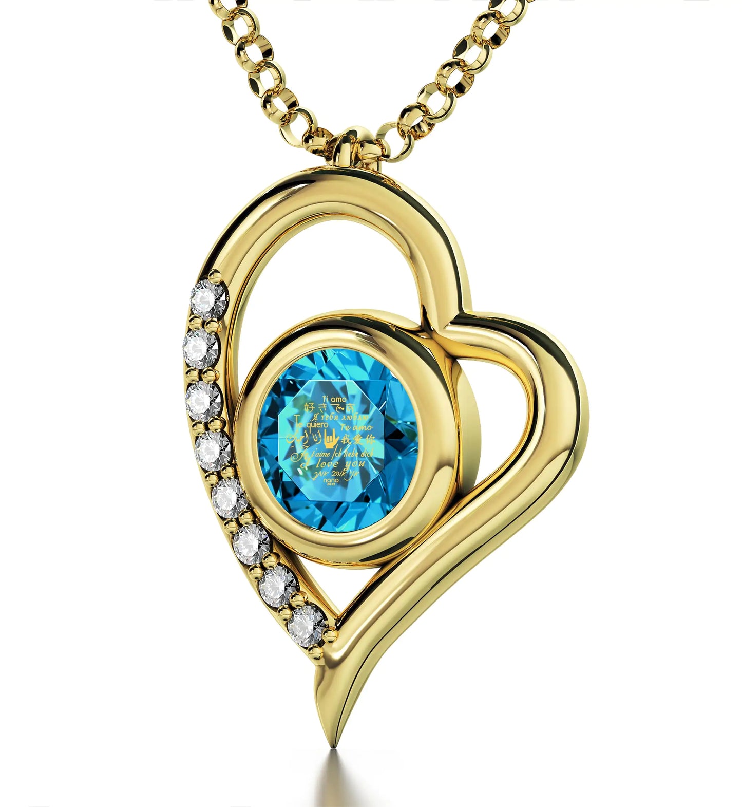 Gold Plated Silver I Love You Necklace Heart Pendant 12 Languages 24k Gold Inscribed