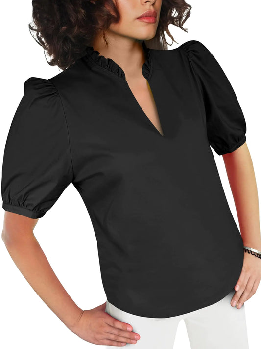 ANRABESS Puff Short Sleeve Shirts for Women Dressy Casual Tops V Neck Ruffle Blouse 2025 Summer Trendy Clothes Black XX-Large