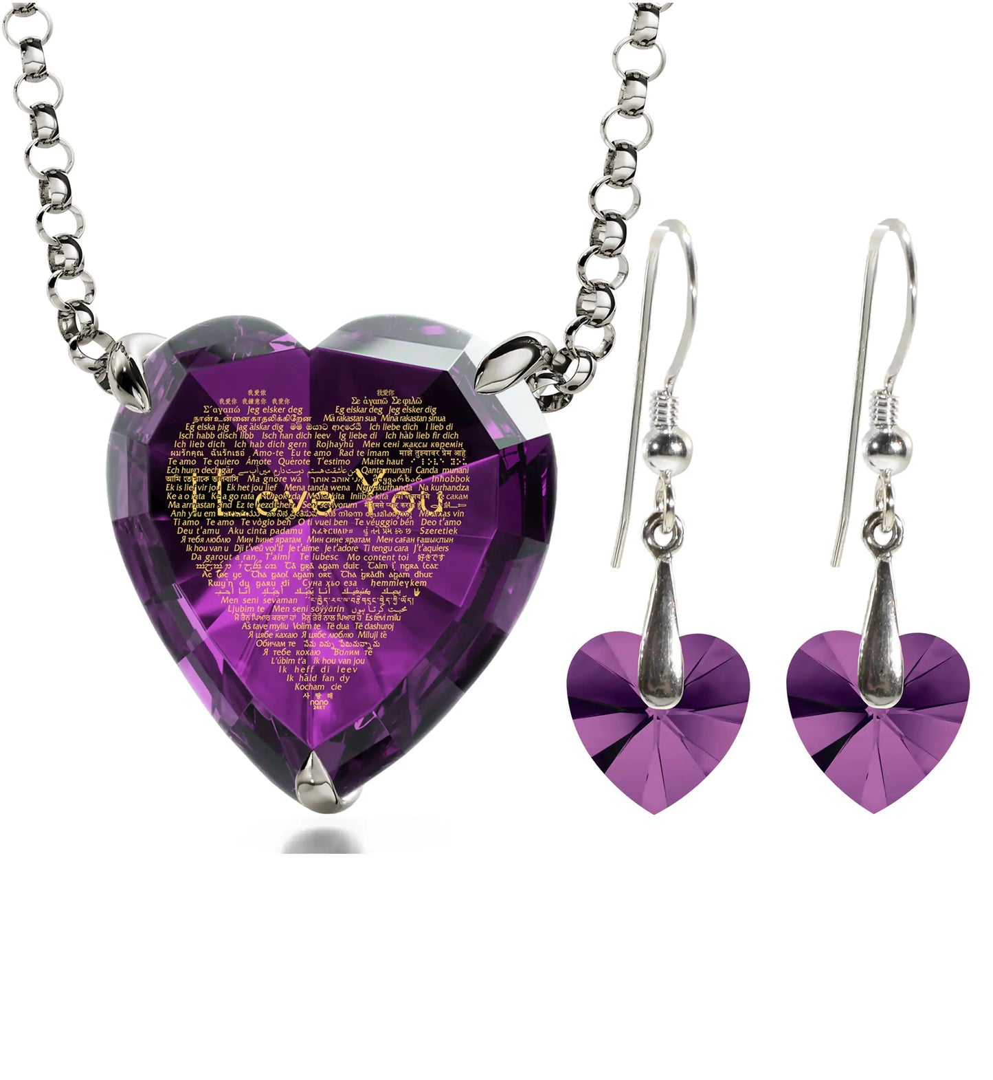 925 Silver Heart Jewelry Set 120 Languages I Love You Necklace and Crystal Earrings